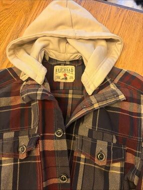 RedHead Plaid Shirt Jacket with Cream Hood - Navy & Red